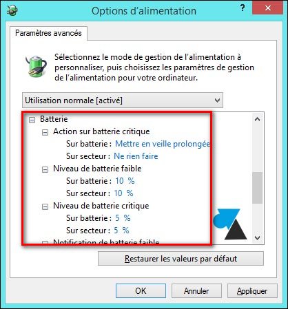 tutoriel configurer mise en veille batterie faible ordinateur