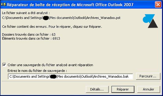 tutoriel Outlook reparer fichier PST scanpst