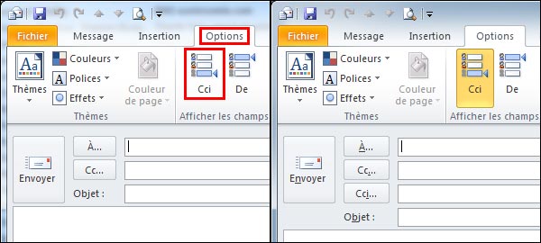 tutoriel Outlook 2010 afficher champ cci copie cachee conforme invisible