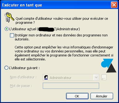 compte Administrateur de la machine et décocher Protéger mon ordinateur et mes données des programmes non autorisés