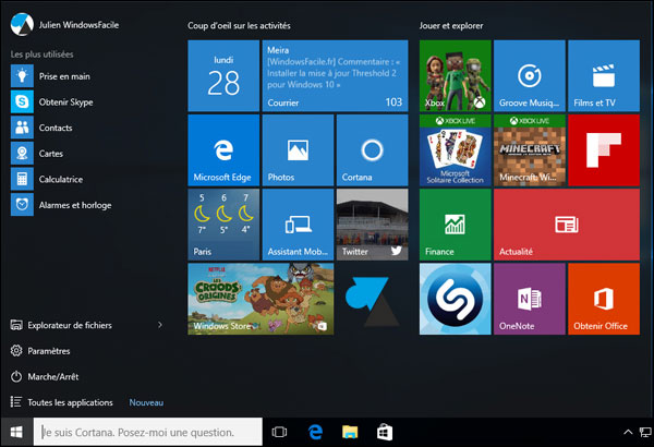 tutoriel menu demarrer Windows 10