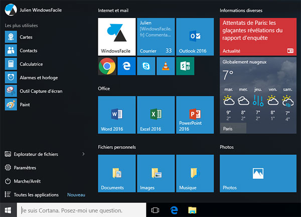 tutoriel menu demarrer Windows 10