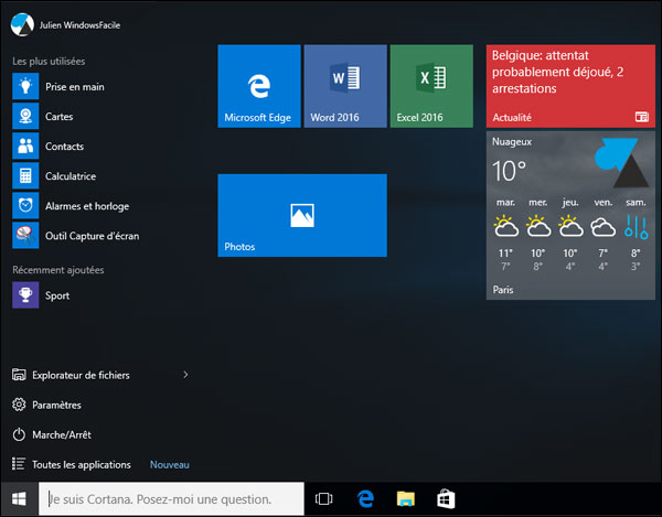 tutoriel menu demarrer Windows 10