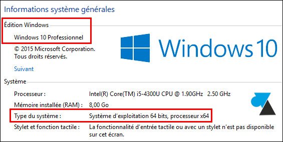 tutoriel Windows 10 Professionnel Pro informations syteme CPU RAM