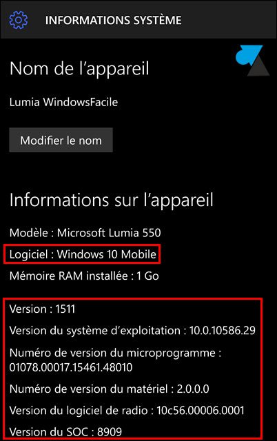 tutoriel Windows 10 Mobile Parametres Systeme version OS systeme exploitation