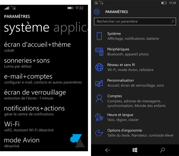 comparaison Windows Phone 8 et Windows 10 Mobile smartphone Nokia Microsoft Lumia