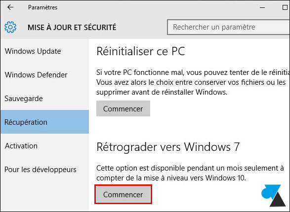 tutoriel revenir downgrade Windows 10 vers Windows 7