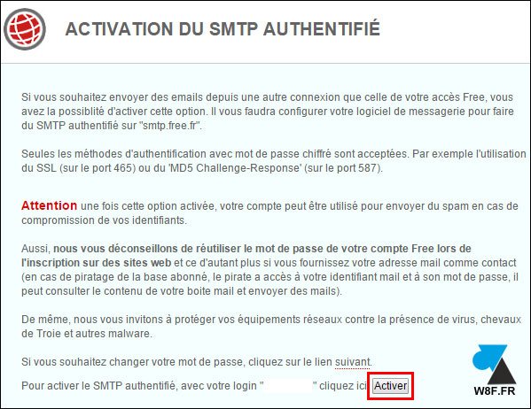 activer authentification SMTP Free mail