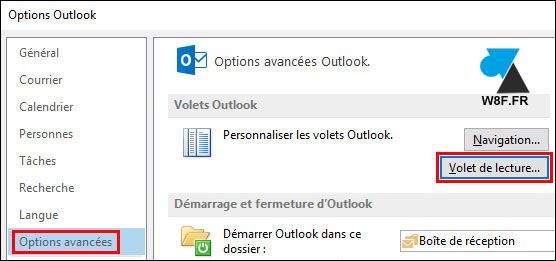 tutoriel Outlook options volet de lecture