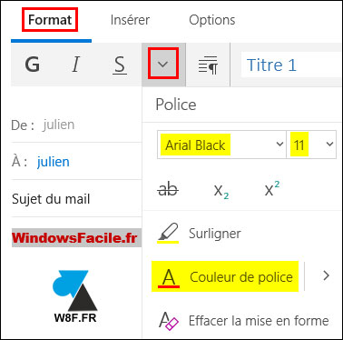 tutoriel Courrier Windows 10 changer police taille couleur texte