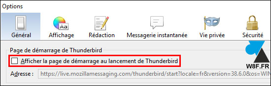 Mozilla Thunderbird message demarrage start page