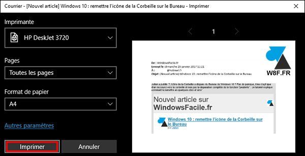 tutoriel Windows 10 Courrier imprimer mail message