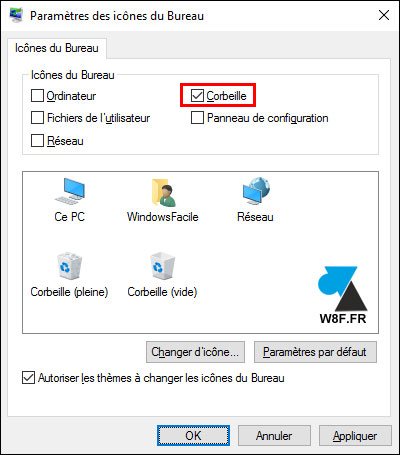 tutoriel Windows 10 icone Corbeille Bureau w10