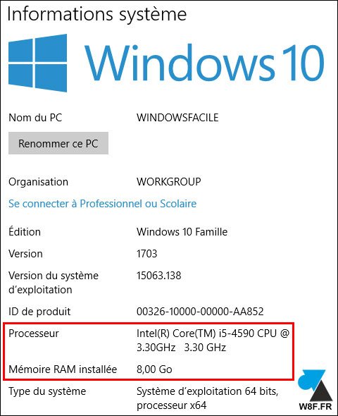 tutoriel WIndows 10 Informations systeme processeur CPU RAM memoire