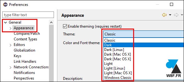 tutoriel Eclipse Windows Preferences theme dark light clair foncé