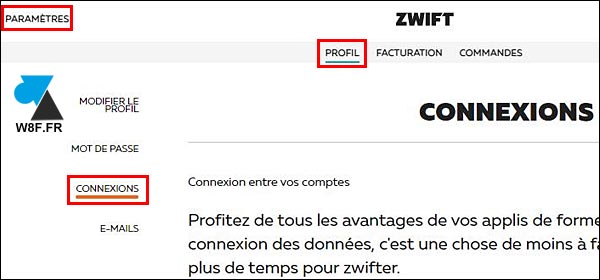 Zwift paramètres profil compte connexions