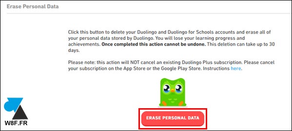 tutoriel duolingo supprimer compte erase personal data