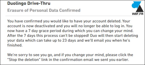 tutoriel duolingo supprimer compte erase personal data mail
