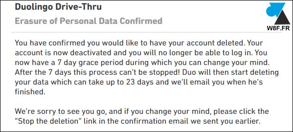 tutoriel duolingo supprimer compte erase personal data mail