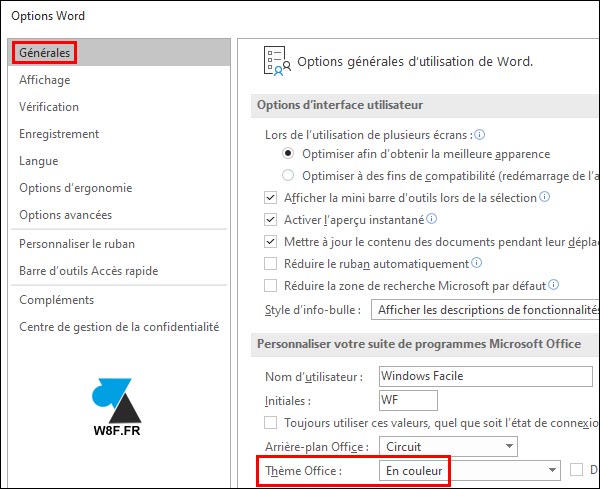 tutoriel options thème Word Microsoft Office