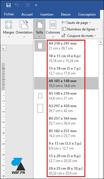 tutoriel Word menu taille format dimension document