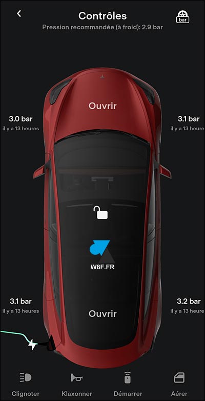 tutoriel Tesla app mobile pression pneu