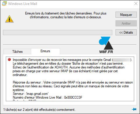 Windows Live Mail erreur Gmail Google