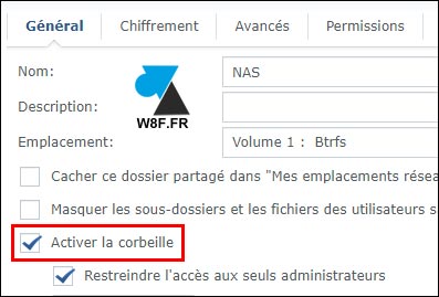 tutoriel DSM Synology activer corbeille