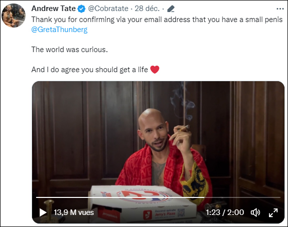 tweet Andrew Tate Greta Thunberg pizza