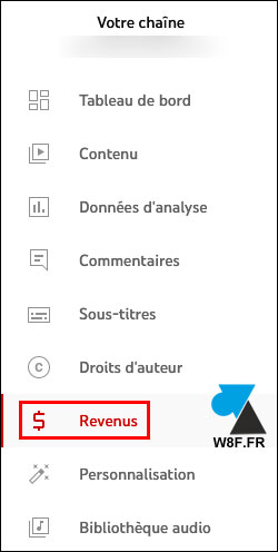 tutoriel YouTube revenus menu