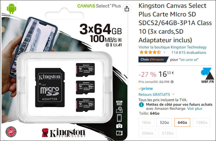 carte micro SD Kingston 64Go Amazon
