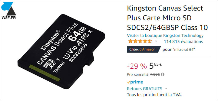 carte micro SD Kingston 64 Go 5 euros