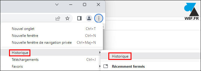 tutoriel Google Chrome menu parametres historique