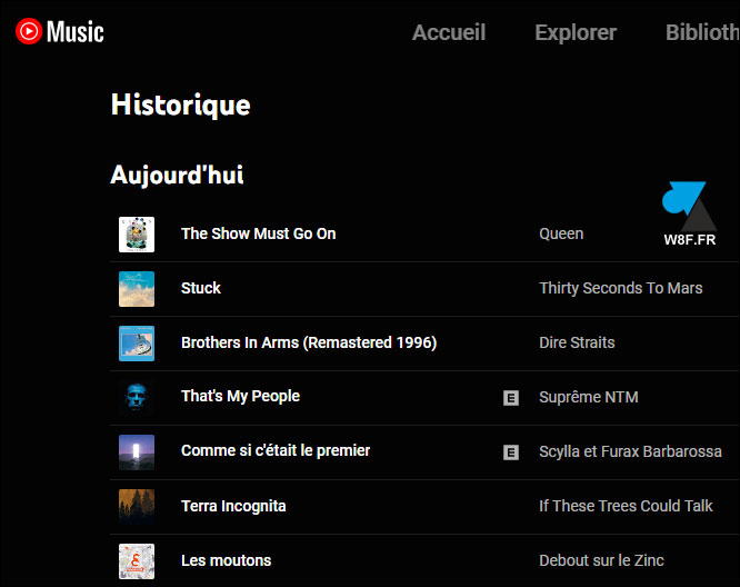 historique YouTube Music chansons titres albums artistes