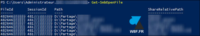 powershell fichiers ouverts windows server