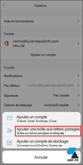 ios outlook ajouter boite partagee