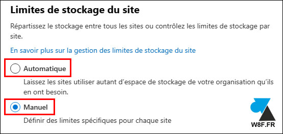 sharepoint limite stockage autmatique manuel