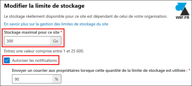 sharepoint modifier limite stockage