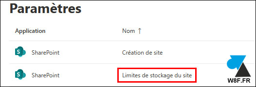 sharepoint parametres limite stockage site