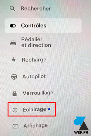 tesla menu eclairage