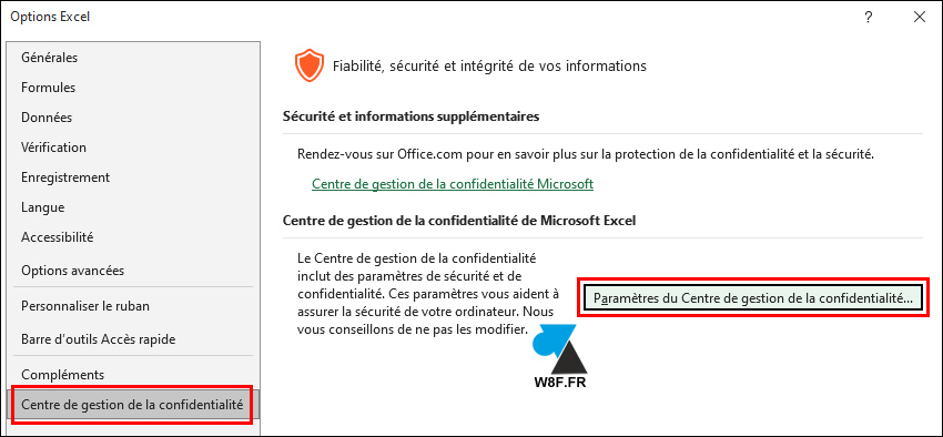 excel centre gestion confidentialite
